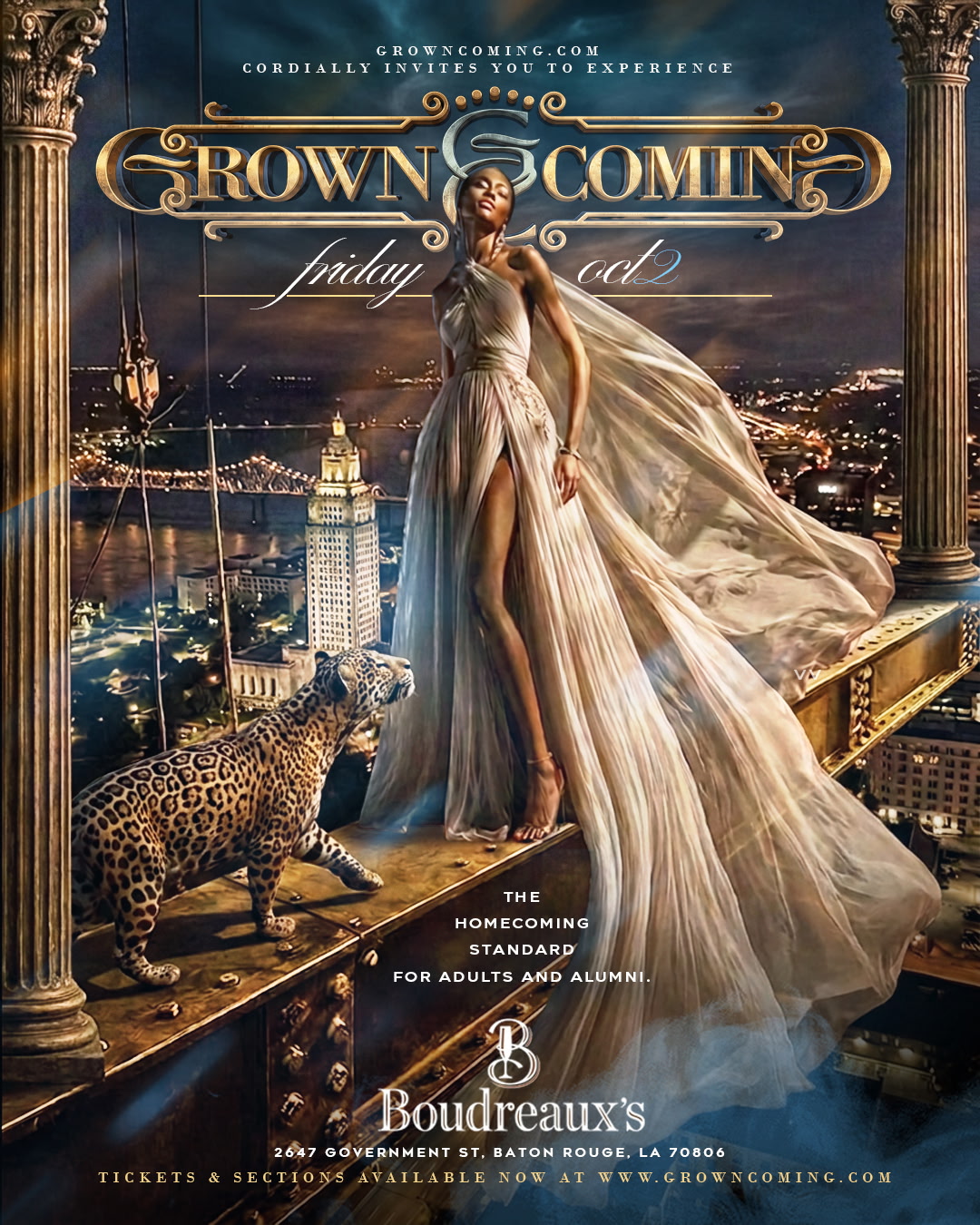 GrownComing 2026 event flyer: Friday, October 2 at Boudreaux’s, 2647 Government Street, Baton Rouge, Louisiana